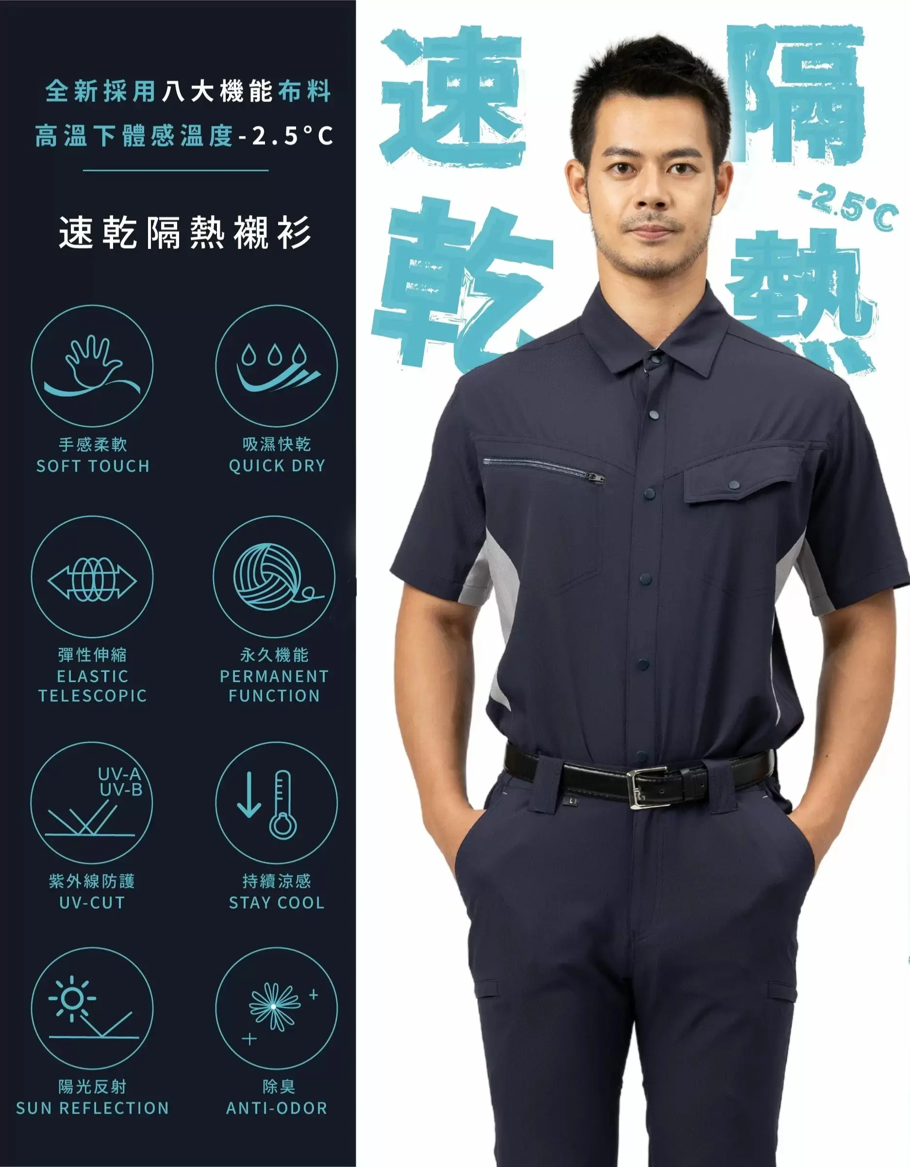 速乾隔熱短袖襯衫-丈青