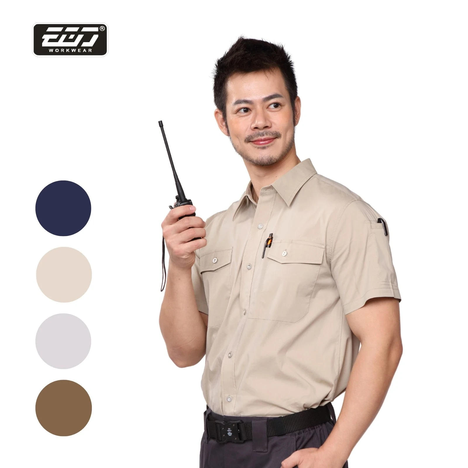 涼感透氣彈力短袖襯衫-中卡其