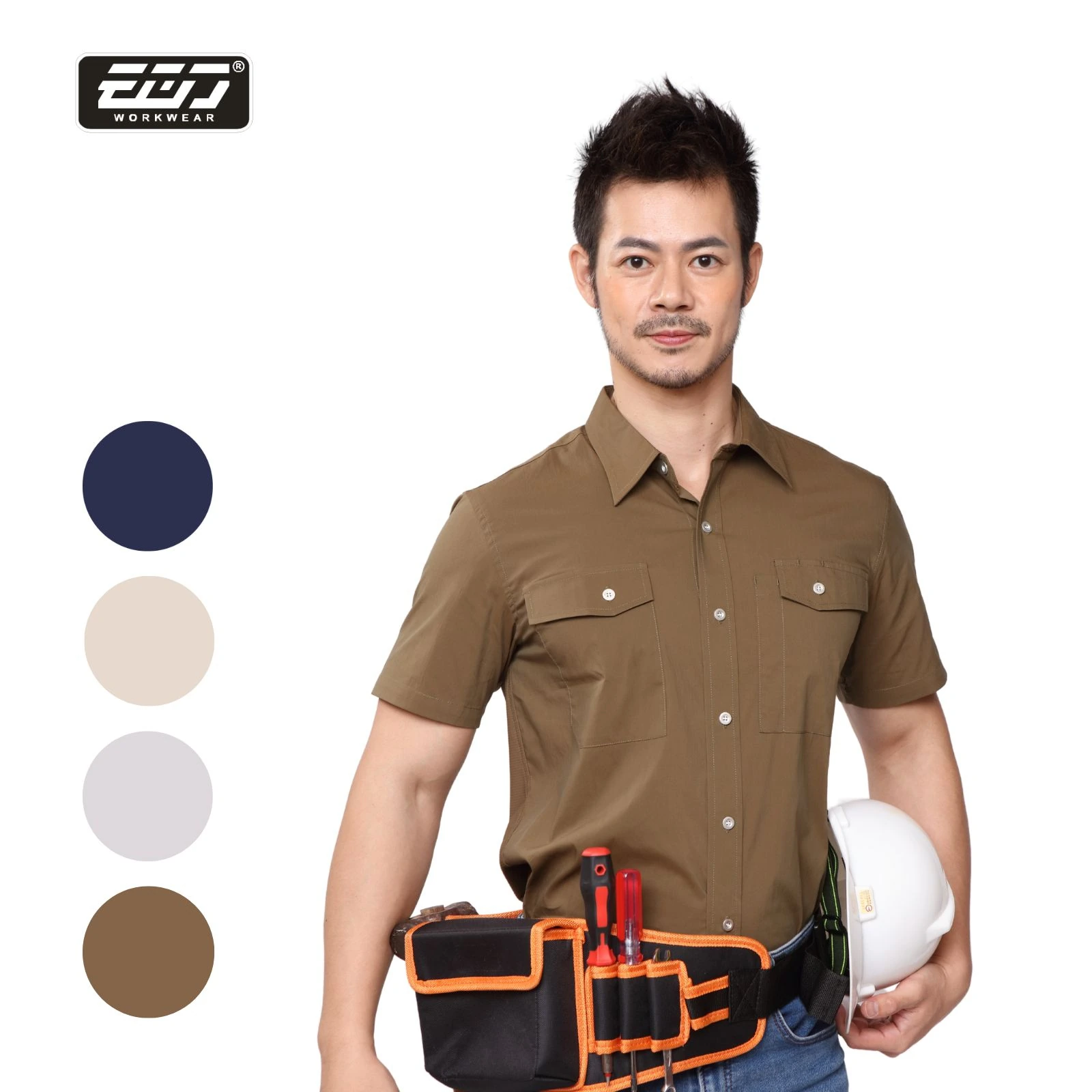 涼感透氣彈力短袖襯衫-褐綠