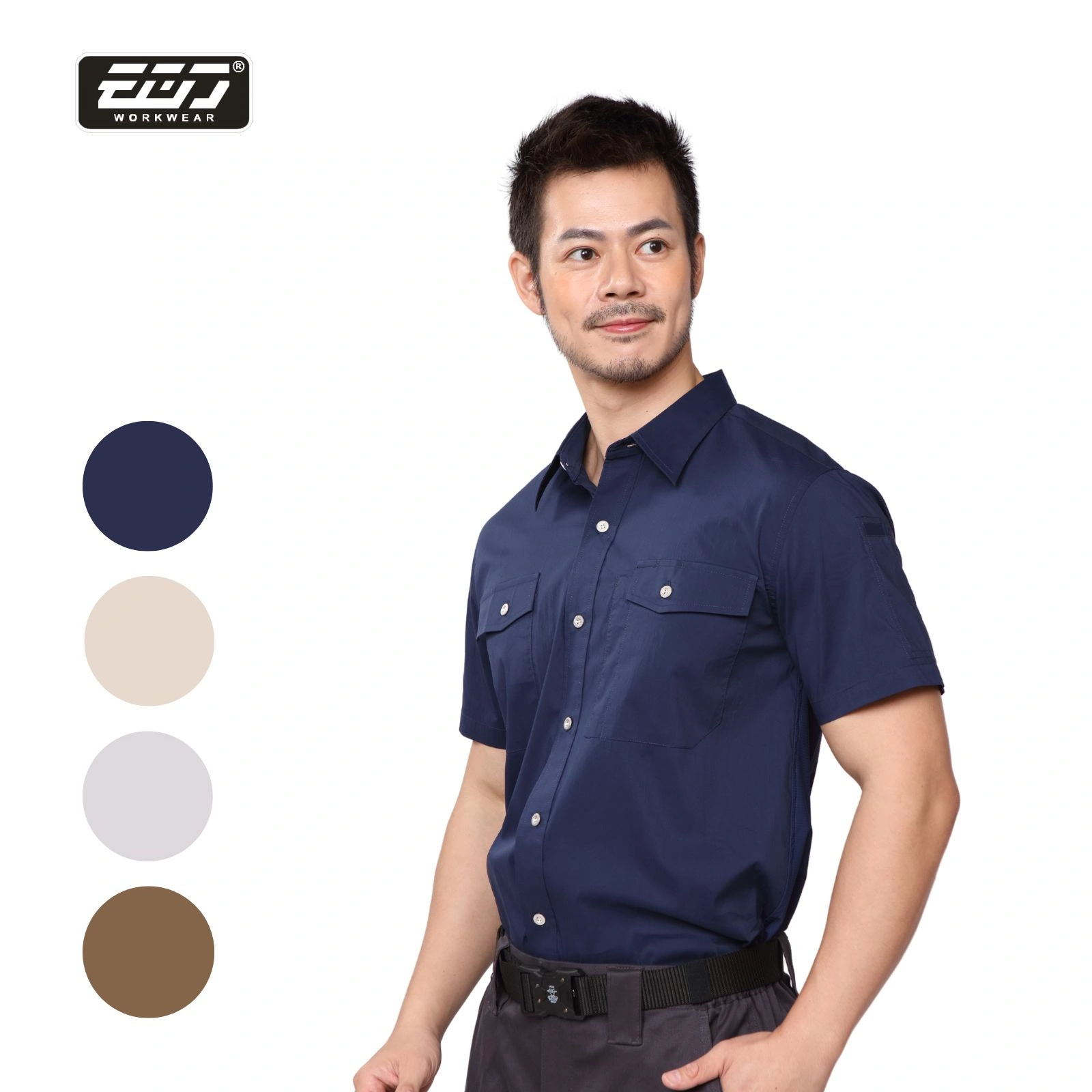 涼感透氣彈力短袖襯衫-深藍