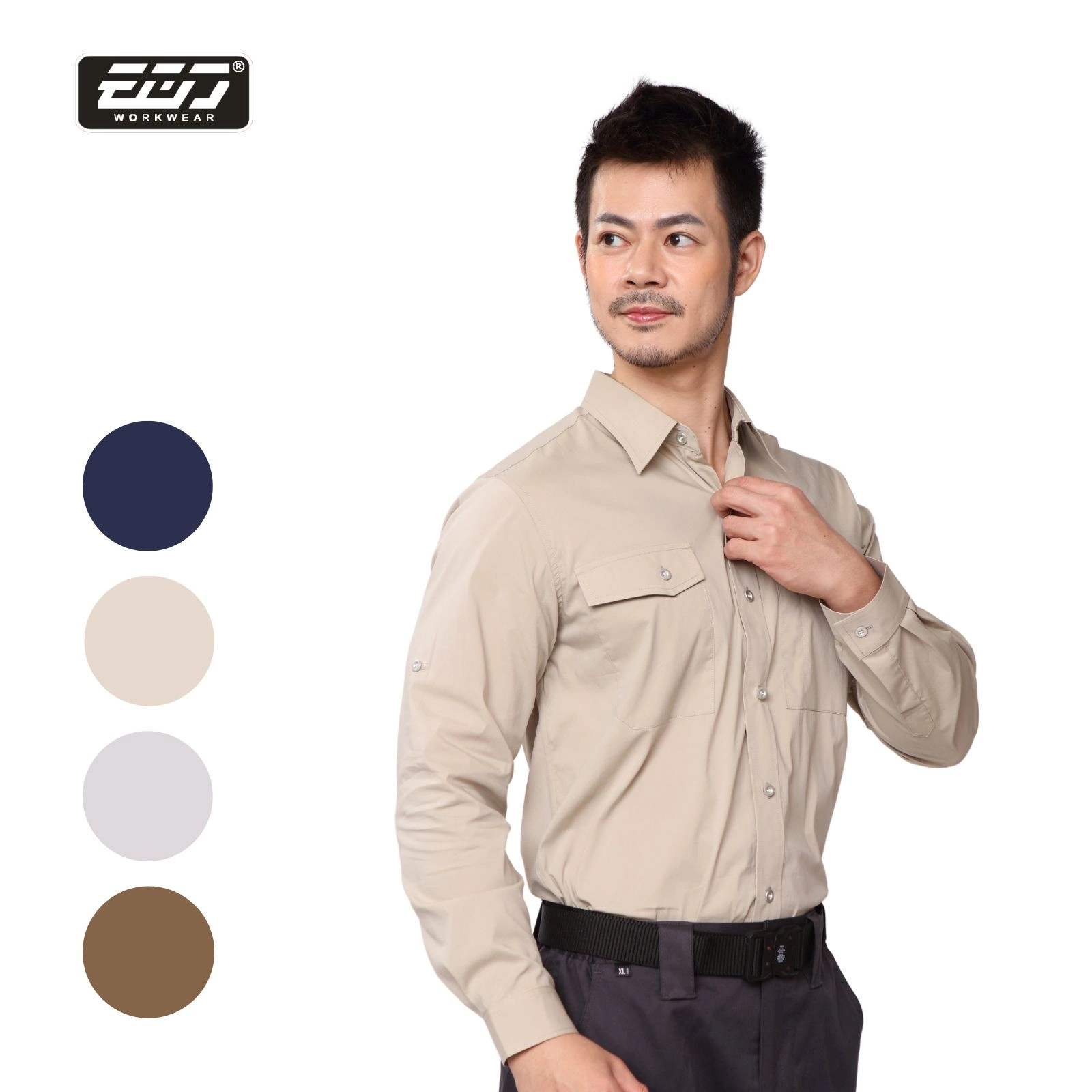 涼感透氣彈力長袖襯衫-中卡其