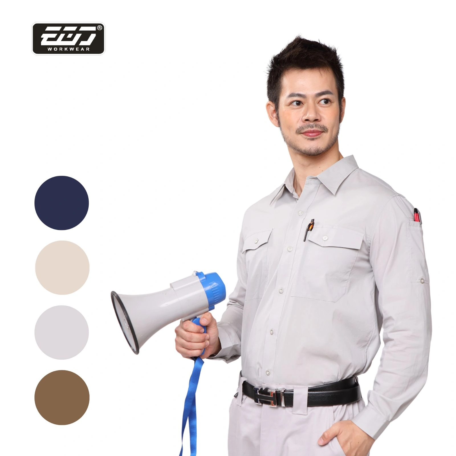 涼感透氣彈力長袖襯衫-淺灰