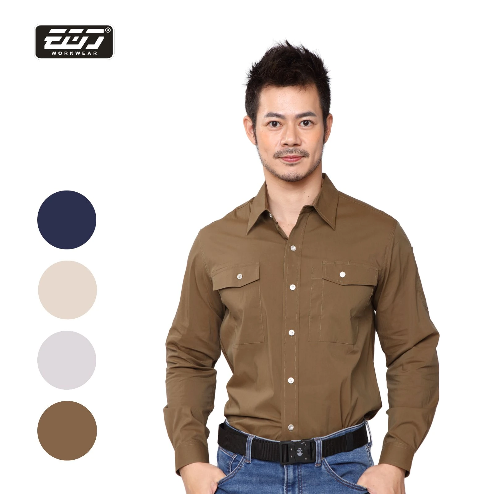 涼感透氣彈力長袖襯衫-褐綠