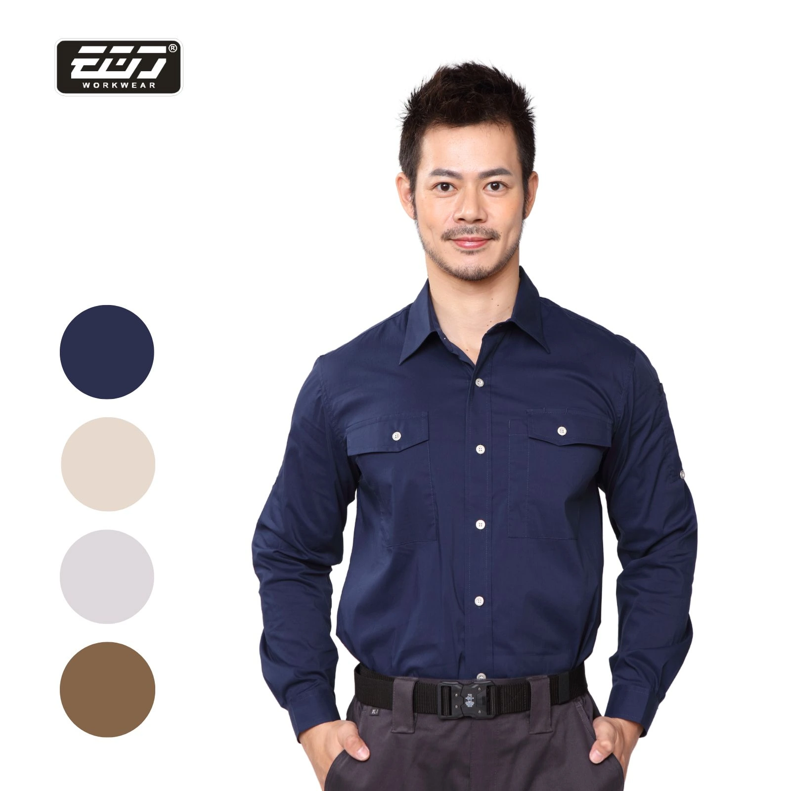 涼感透氣彈力長袖襯衫-深藍