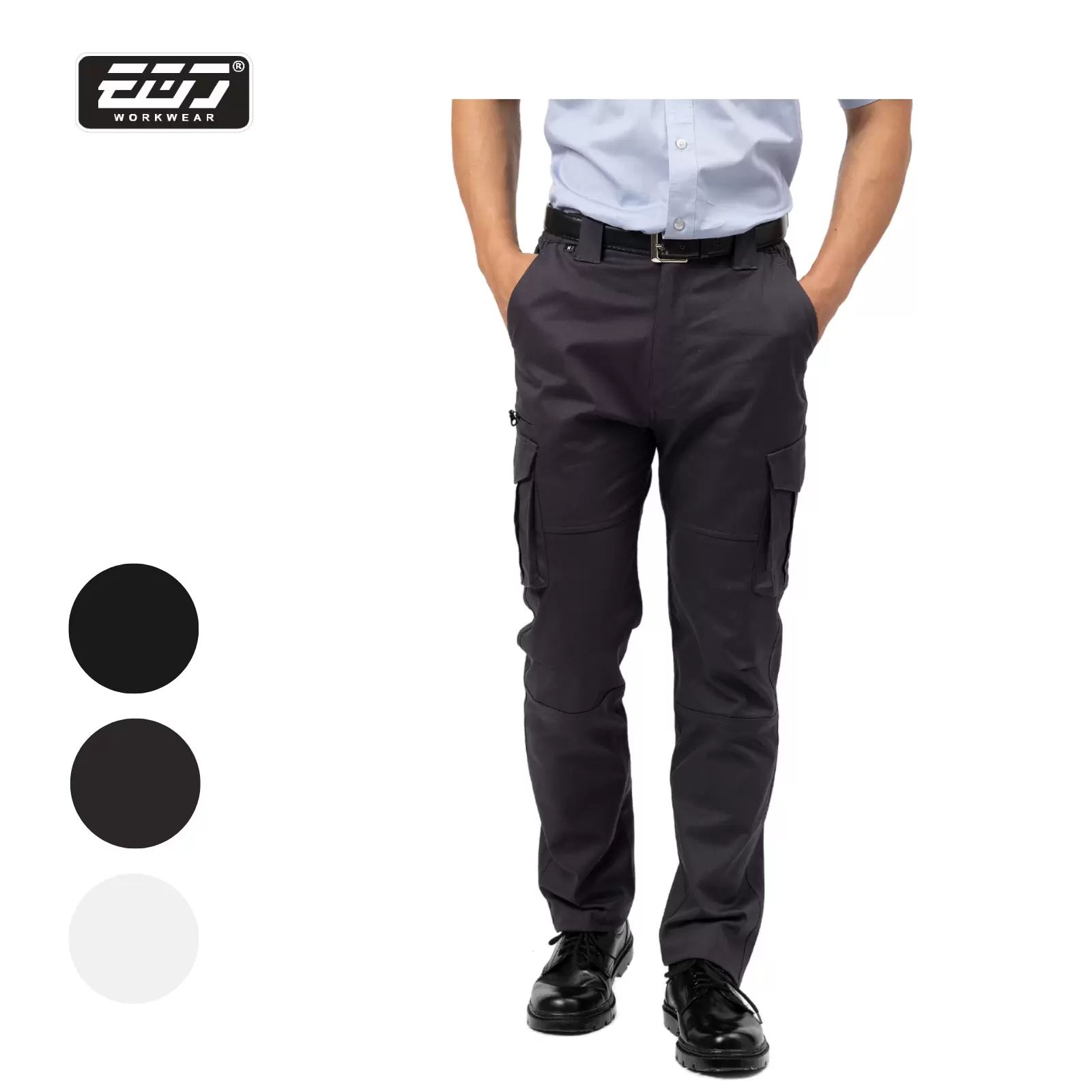 棉彈多口袋工作褲-鐵灰
