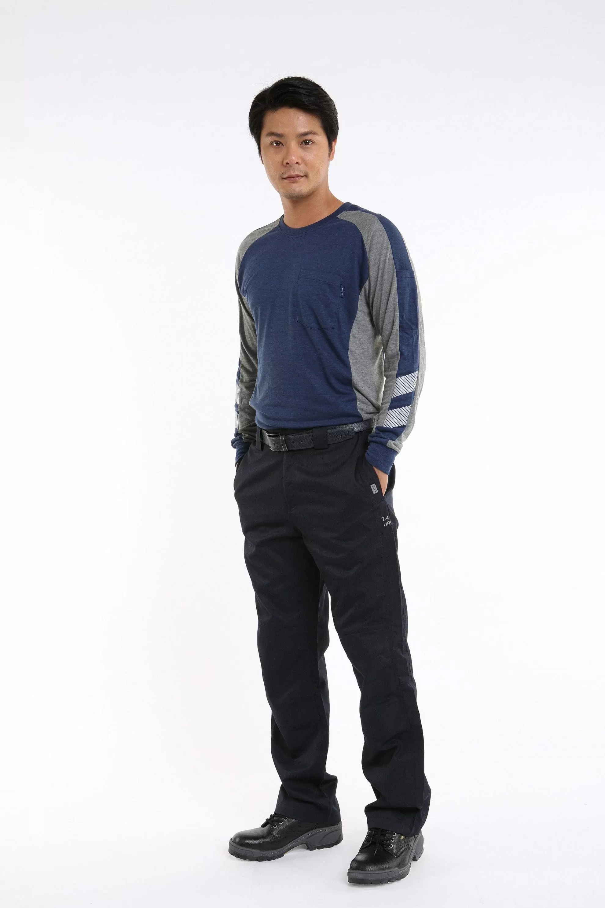 阻燃抗靜電長袖T-深藍配麻花灰