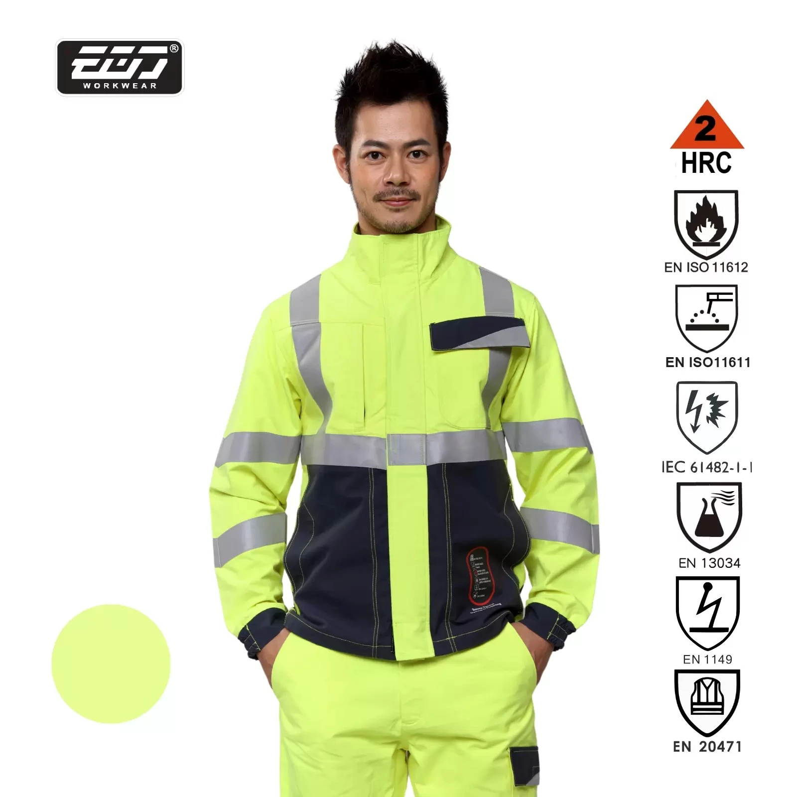 阻燃高可視防熔鐵電弧二級防護外套-螢光黃